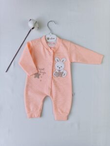 Unisex Bebek Jakarlı Ayıcık Nakışlı Pamuklu Tulum - 1-6 Ay Yenidoğan Manşetli Bebek Tulumu